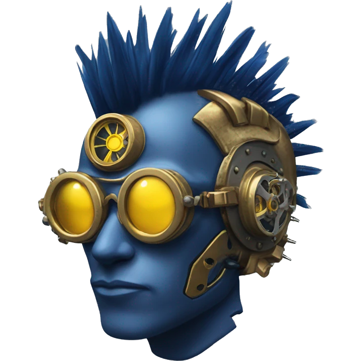Navy blue Mohawk cyborg head with yellow steampunk goggles emoji
