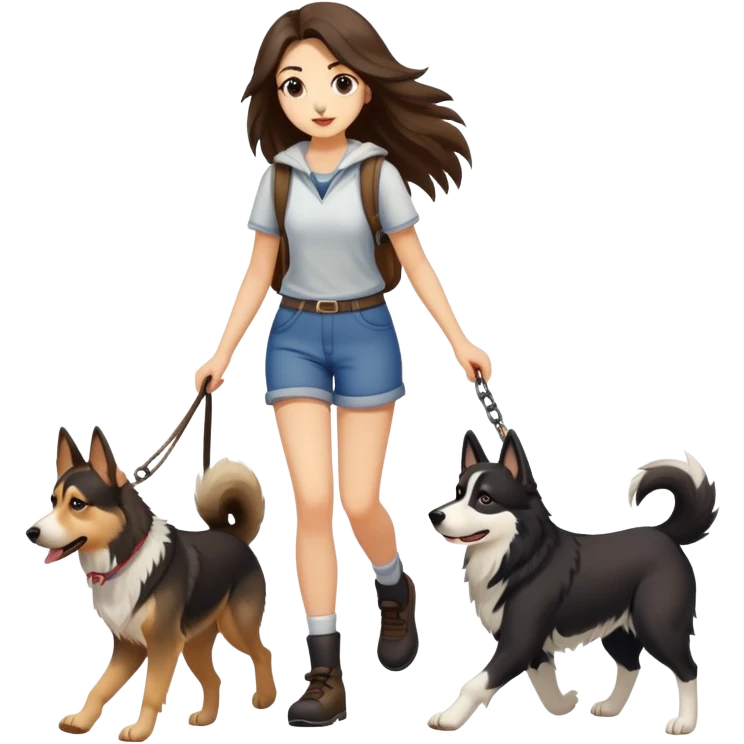 A long-haired girl walks three dogs, a German Shepherd, a Husky, and a Border Collie emoji