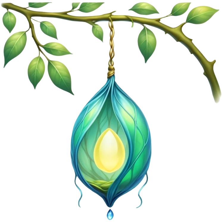 magical organic cocoon suspended from a branch, green-blue cocoon lit up, swirling yellow magic, ethereal and mystical, symbol shape, gentle green-blue hues emoji