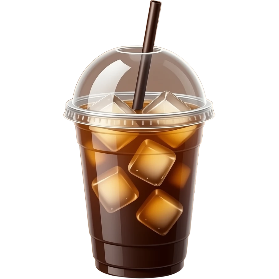 minimal iced americano in a clear plastic cup with dome lid, realistic ice cubes, warm brown background, soft studio lighting, clean commercial product photography, Korean text "아이스 아메리카노" in thin white sans-serif font on the left, modern minimalist design, straw emoji