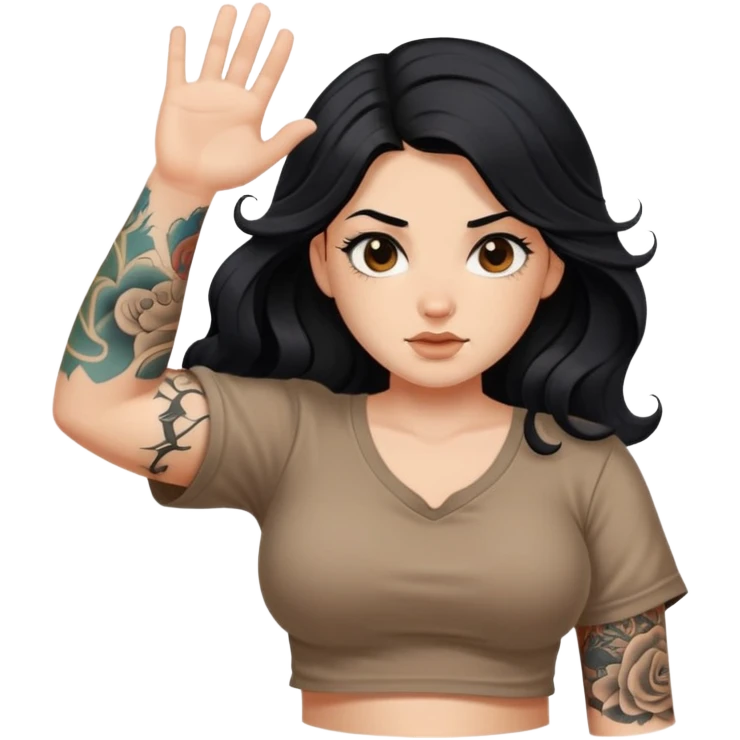 A girl with fair skin and a little fat - long black hair with big waves - tattoos on her upper arms - wearing a brown navel-revealing short-sleeved shirt emoji