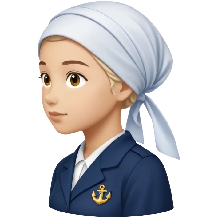 A female student, wearing a navy blue school uniform and a full headscarf, stands in profile. emoji