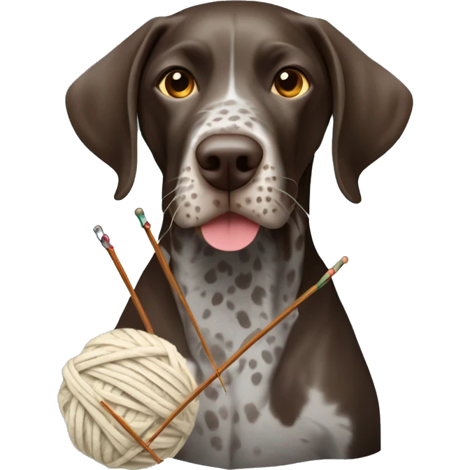 German shorthair pointer with knitting needles and ball of yarn in it’s mouth emoji