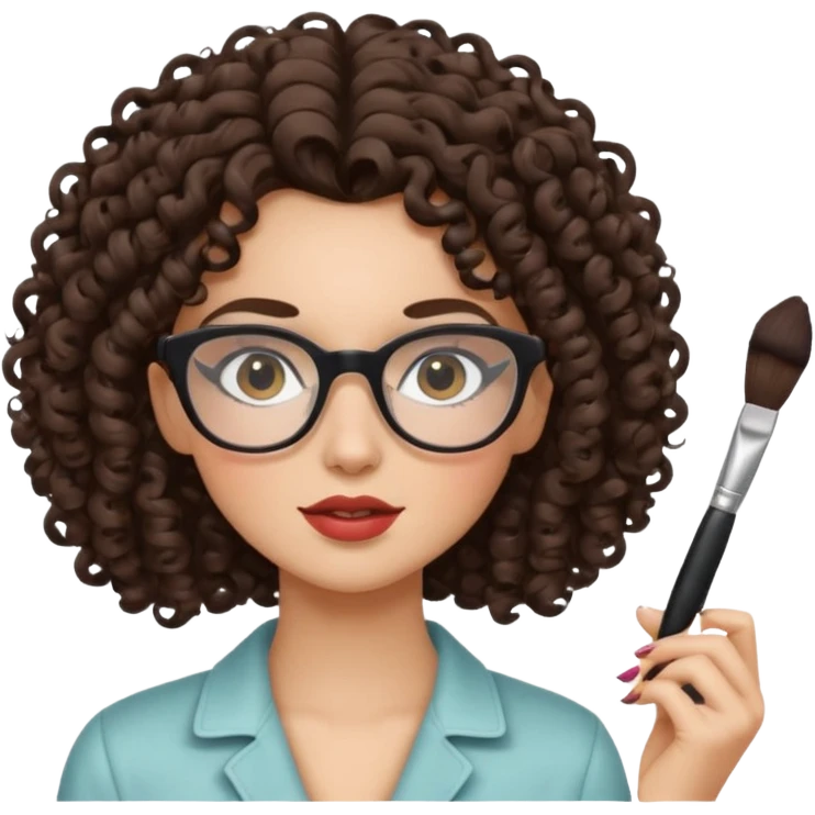 Brunette curly girl putting makeup and wear rectangle's glasses  emoji