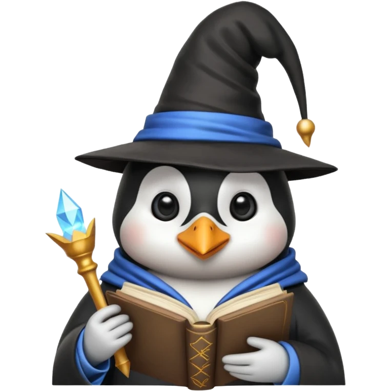 penguin wizard with a pointed hat and magical book emoji