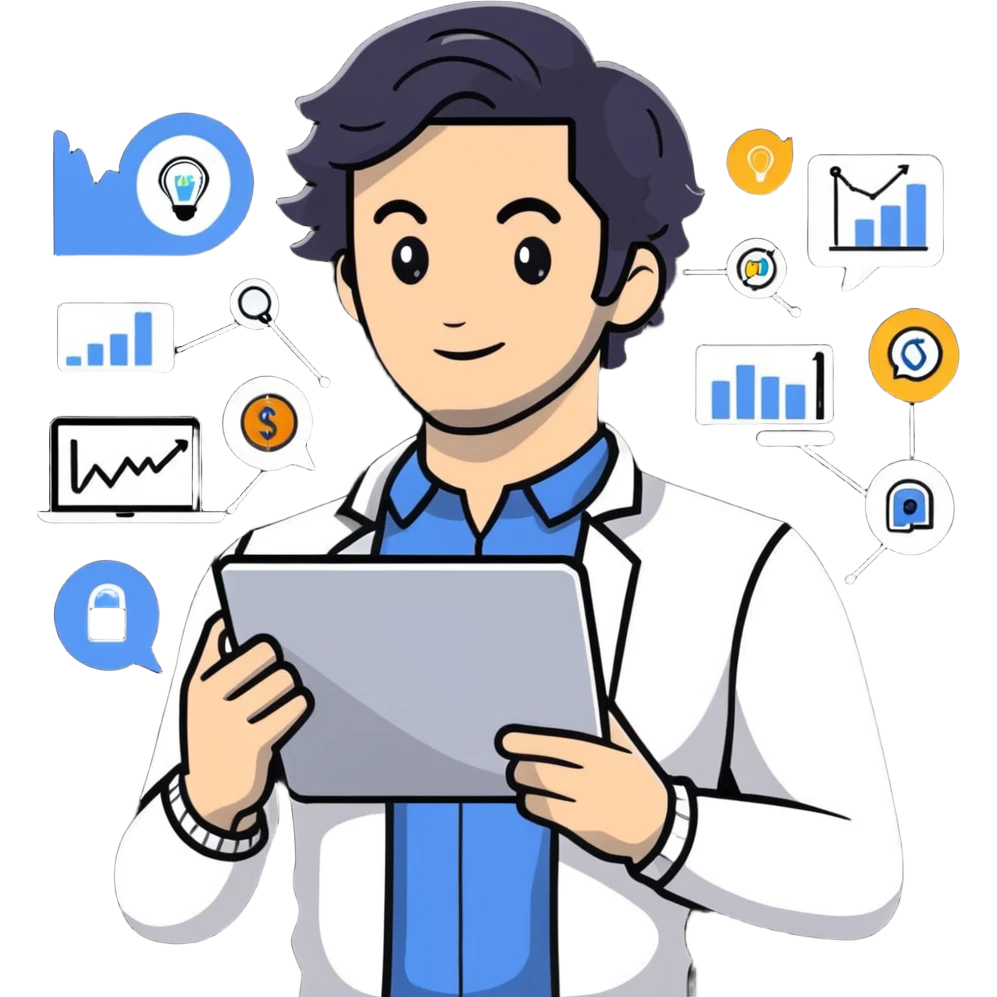 Management educator with black wavy hair, stubble, strong features, white skin, smart casual attire, using tablet with digital analytics dashboard, surrounded by technology icons, innovation-focused pose emoji