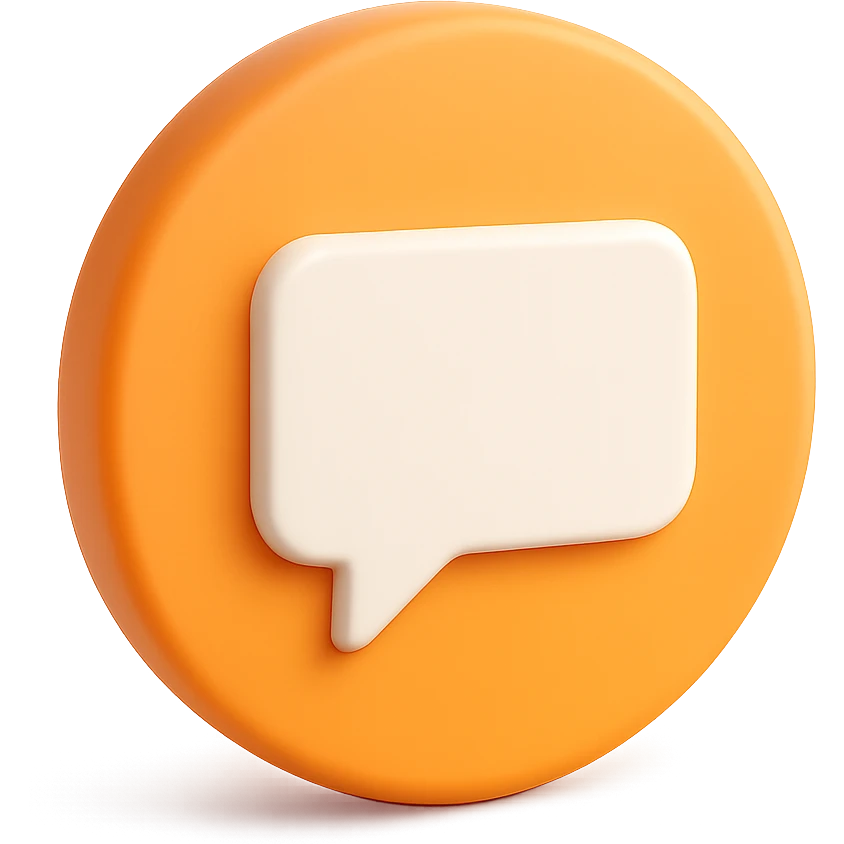 3D orange circular comment icon with a white rectangular speech bubble inside, modern social media style, with a slight gradient emoji