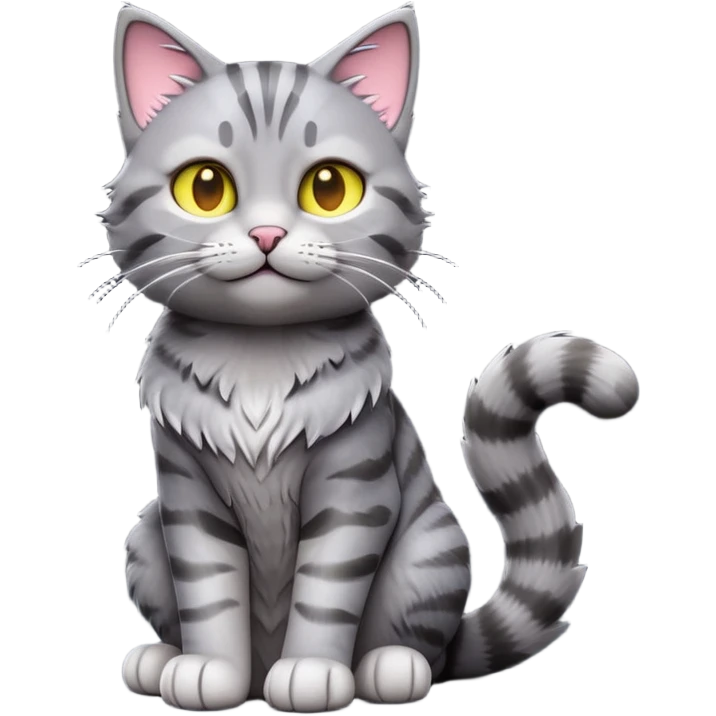 cinematic-[grey tabby cat]-realistic-full-body-sitting-emoji,-tail-curled-playfully-around-its-paws,-head-tilted-dramatically,-scruffy-[grey]-fur,-simplified-yet-realistic-focused-features,-highly-detailed,-glowing-with-an-almost-sarcastic-glow emoji