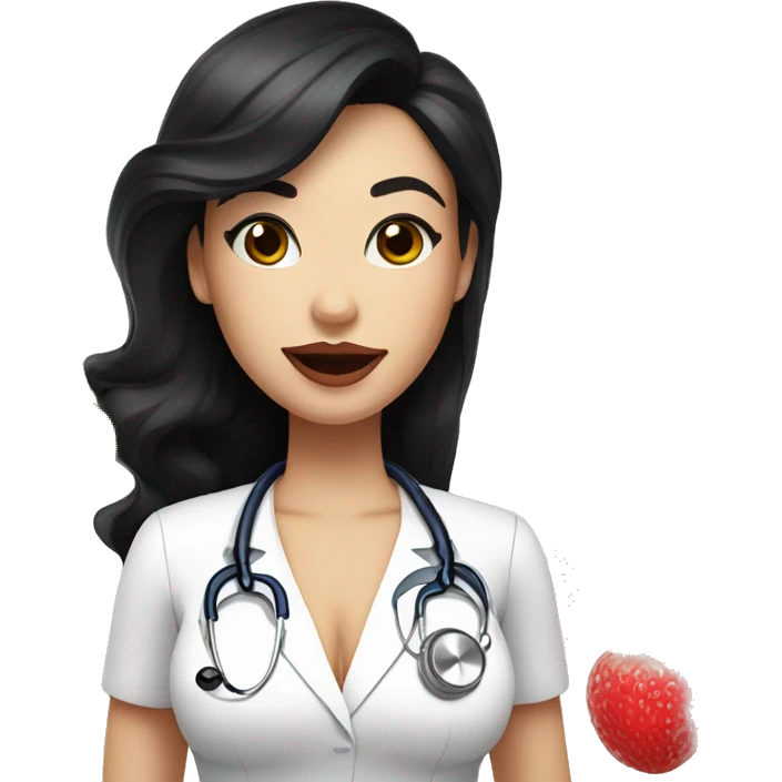 White woman with black hair who is nutricionist, with a big lips in nude color and big lashes, she has a fruit in her hand and haven't stethoscope emoji