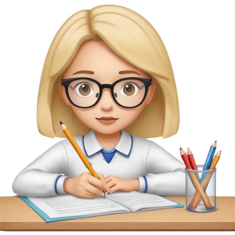 Girl student with glasses focused on exam papers, writing with pencil emoji