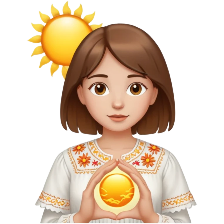 A young Ukrainian girl with brown hair wearing a white embroidered shirt holds the sun in her hands emoji