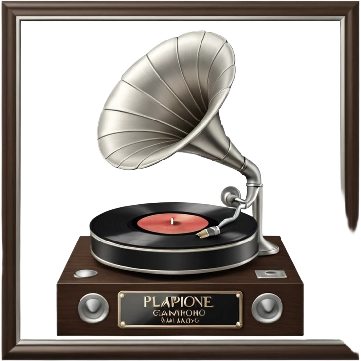 A platinum music award plaque: a square, polished platinum plate with a subtly textured, mirror-like finish, mounted on a simple dark wood base. The center features a relief of a vintage gramophone or stylized vinyl record in a slightly darker metallic tone.  emoji