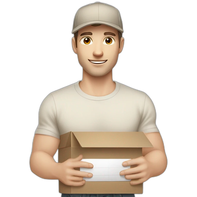Pale skinned fit Man with dark brown hair in a beige cap, gray jeans, brown polo and white T-shirt keeping a pasted with tape white box into his hands emoji