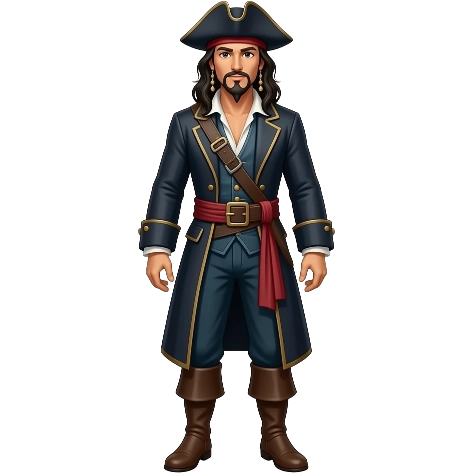 Anime male pirate  dark pirate cost pirate dark blue pants and brown boots long black hair very tall full body emoji