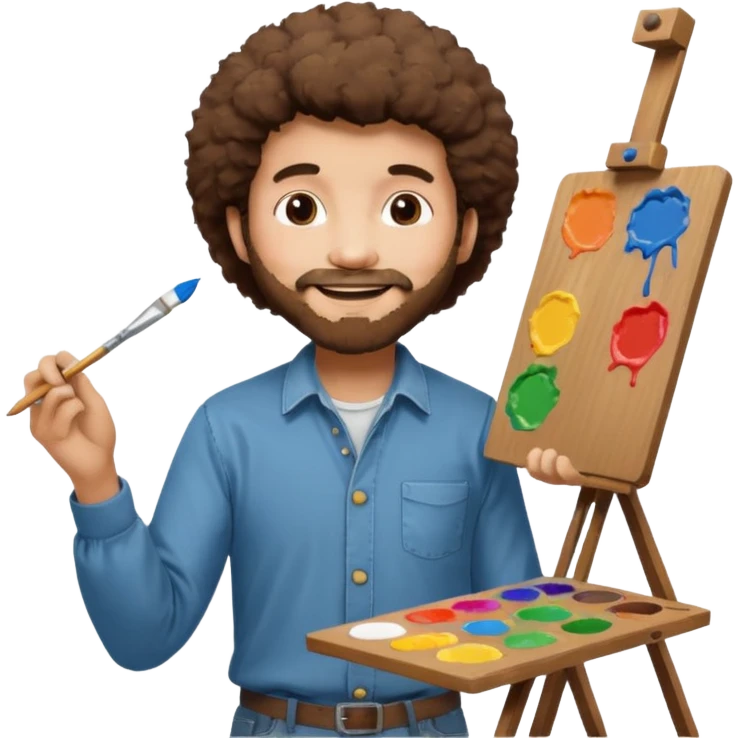 Bob Ross with a paint palette and painting on an easel emoji