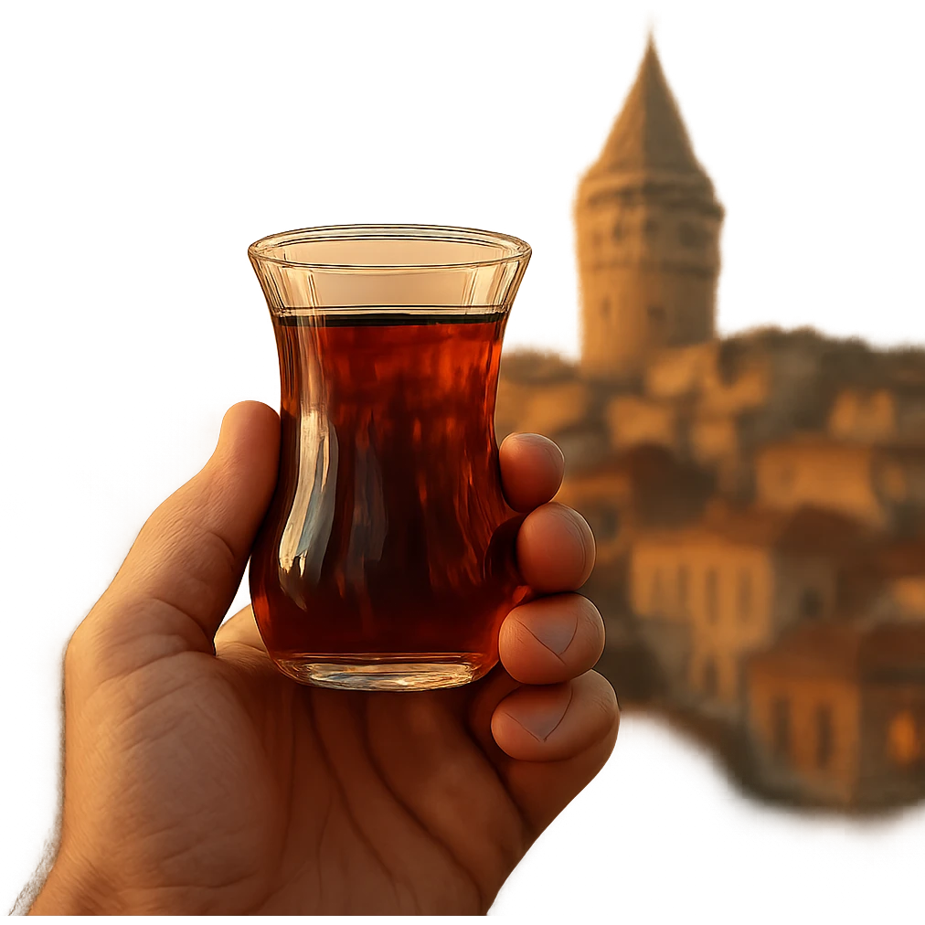 hand holding a Turkish tea glass, with a cityscape in the background, warm and inviting atmosphere, detailed, realistic emoji