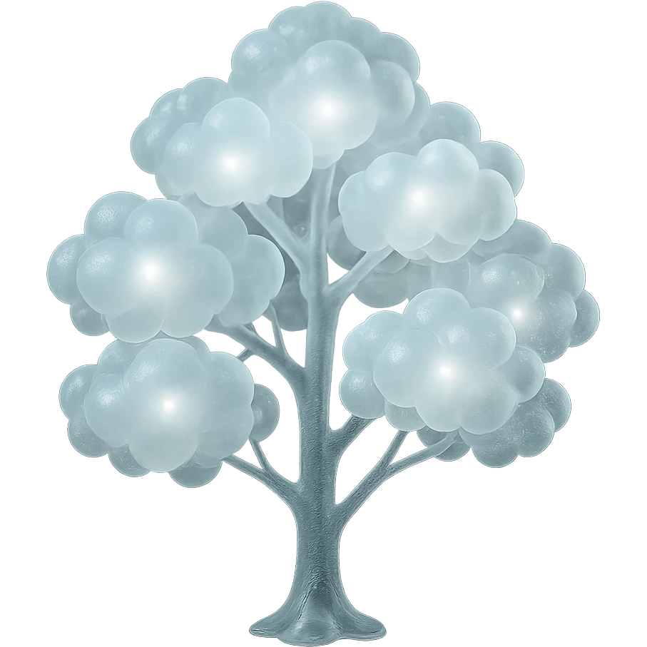 one tree with many branches and a trunk made of small very bright white fluffy convex clouds, matte glass style emoji