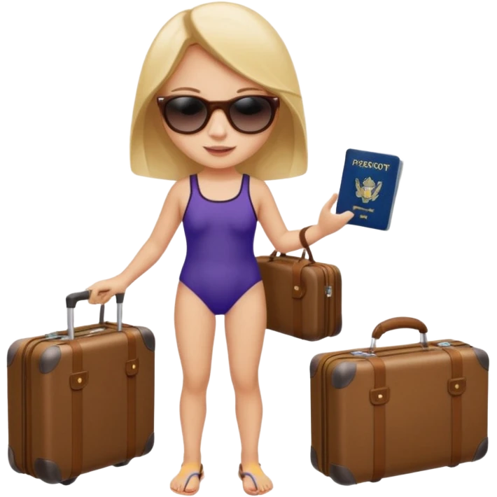 Девушка в путешествии, рядом чемодан, паспорт, очки и купальник  emoji
