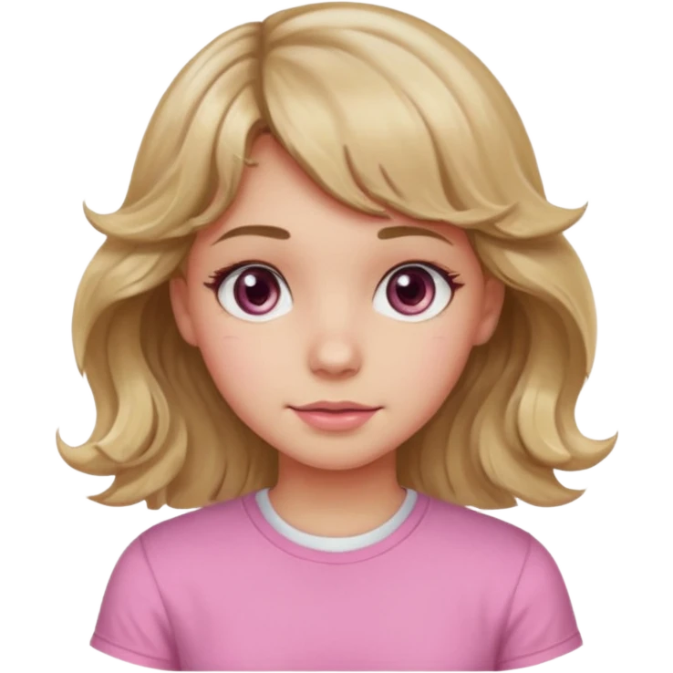 girl with wavy dirty blonde hair and wavy bangs, hazel eyes, white skin, pink cute shirt emoji