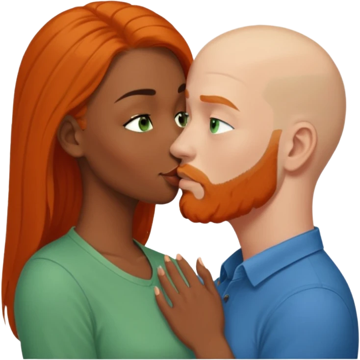 black women with brown eyes. She has long balayage brown/black hair. She is wearing a blue shirt. She is kissing bald white man in a green shirt The White man is 47yrs old, pale, green eyes has orange facial hair and long orange beard. They are having an intimate moment between lovers emoji