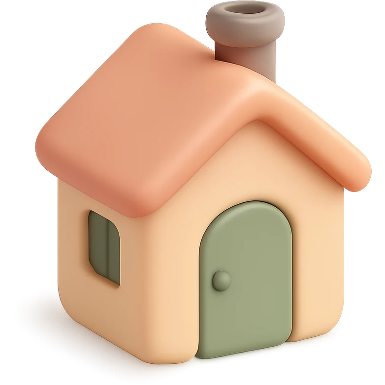 A simple cute house with a chimney and a door, rounded corners, smooth plastic texture, pastel colors emoji