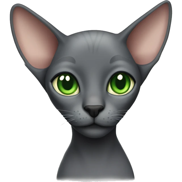Dark gray hairless cat with green eyes and big ears emoji