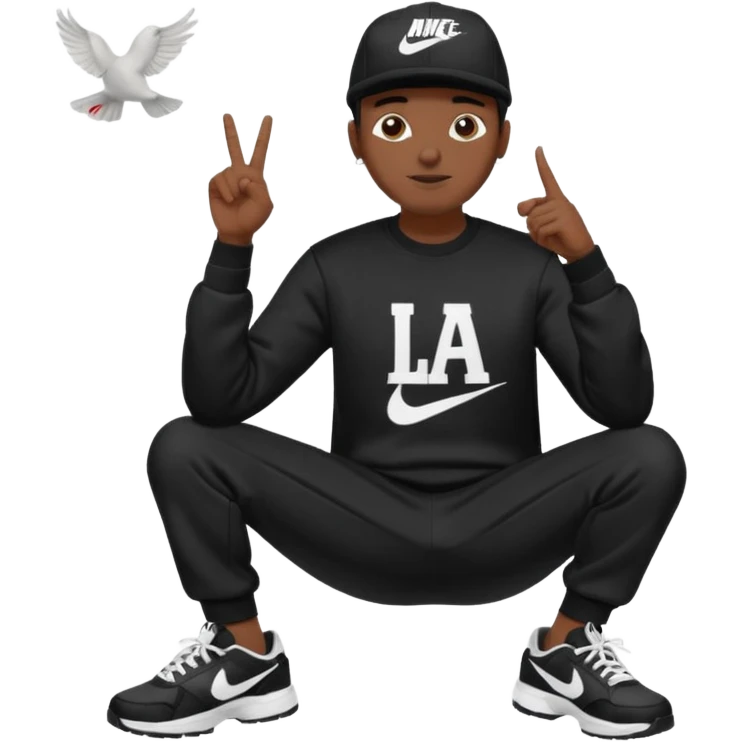 Crea Un Emoji De Cuerpo Completo Que Sea Hombre Con Corte Alucin Que Tenga Gorra Nike, Suéter Negro Que Tenga La Letras LA El La Parte Del Corazón, Zapatos Adidas Con Una Palomita✅, Pantalón Ancho O Bellaco Con Unos Diseños De Palomas Blancas Y Asiendo Una Pose Con Su Mano Que Sea Está 🤙🏽. emoji