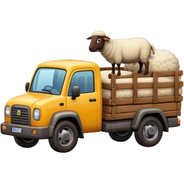 Cartoon 3D emoji of a Peruvian rural truck transporting sheep in the back, wooden cargo bed, Andes mountain landscape, dusty countryside road, glossy finish, bold outlines, vibrant natural colors, sticker design, transparent background emoji