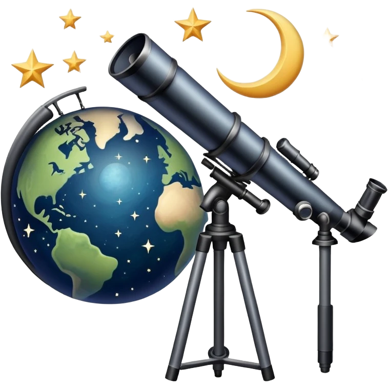 An icon featuring a telescope, stars, and a planet, symbolizing astronomy. The design includes a crescent moon, distant galaxies, and constellations, representing the study of space and celestial bodies. Transparent background highlights the exploration of the universe and cosmic phenomena. emoji