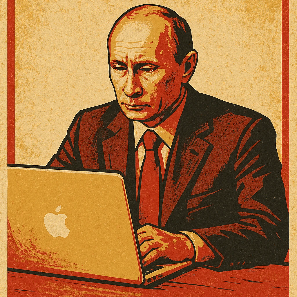Vladimir Putin working on a MacBook in a vintage propaganda poster style emoji