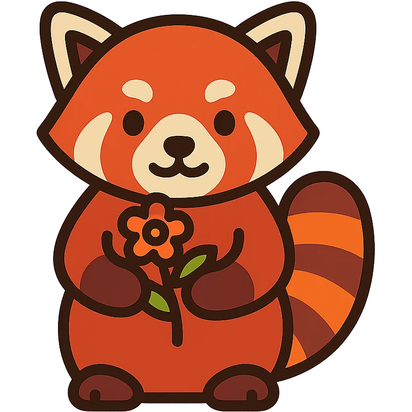 A red panda holding a small flower, bold outlines and vibrant colors emoji