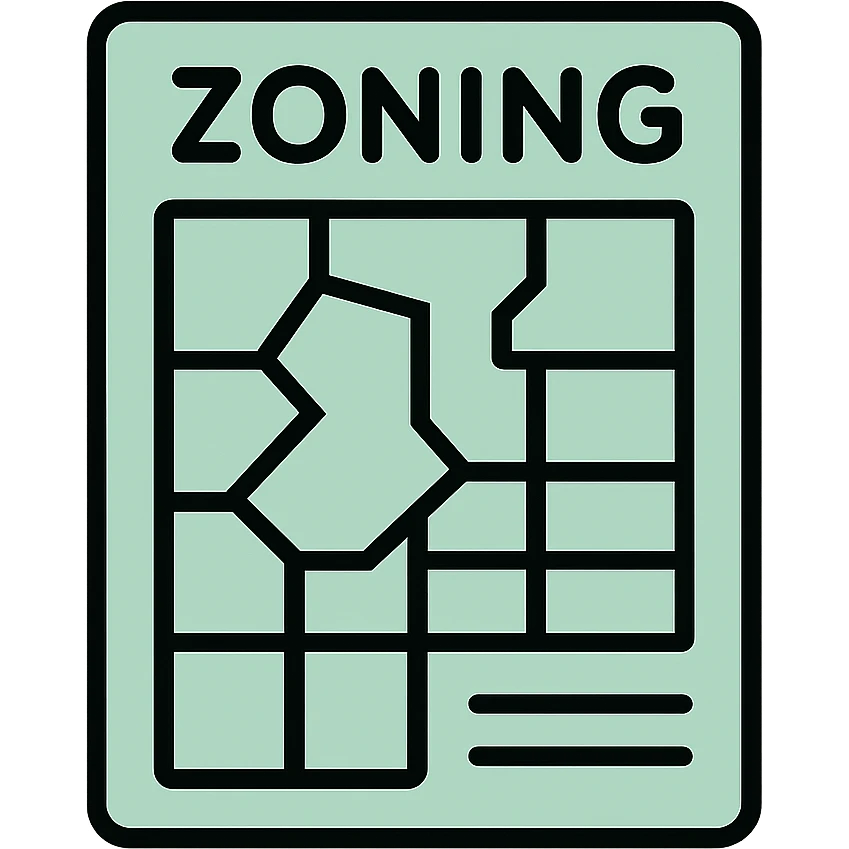 Skeuomorphic zoning document icon with mint green #B5F4D3 and black #111111 color scheme, showing a detailed map with zoning areas and grid, clean symmetric design with subtle depth and soft light emoji