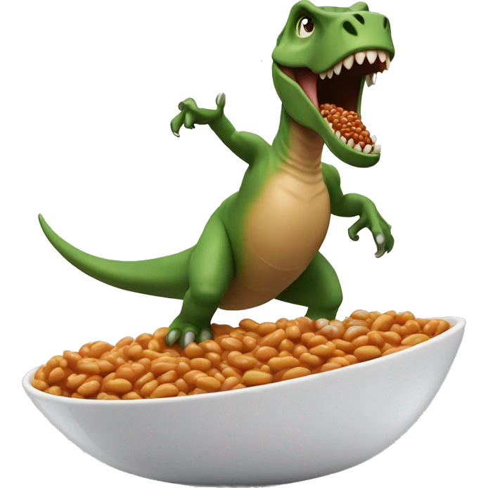 Dinosaur surfing on baked beans emoji