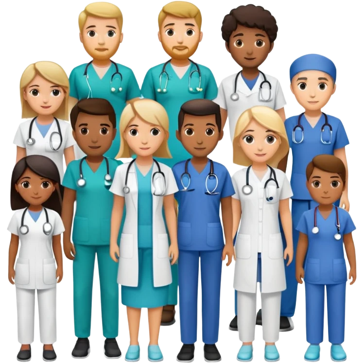 group of 10 nurses, occupational therapists, physiotherapists (male and female, different races, different clothes) emoji