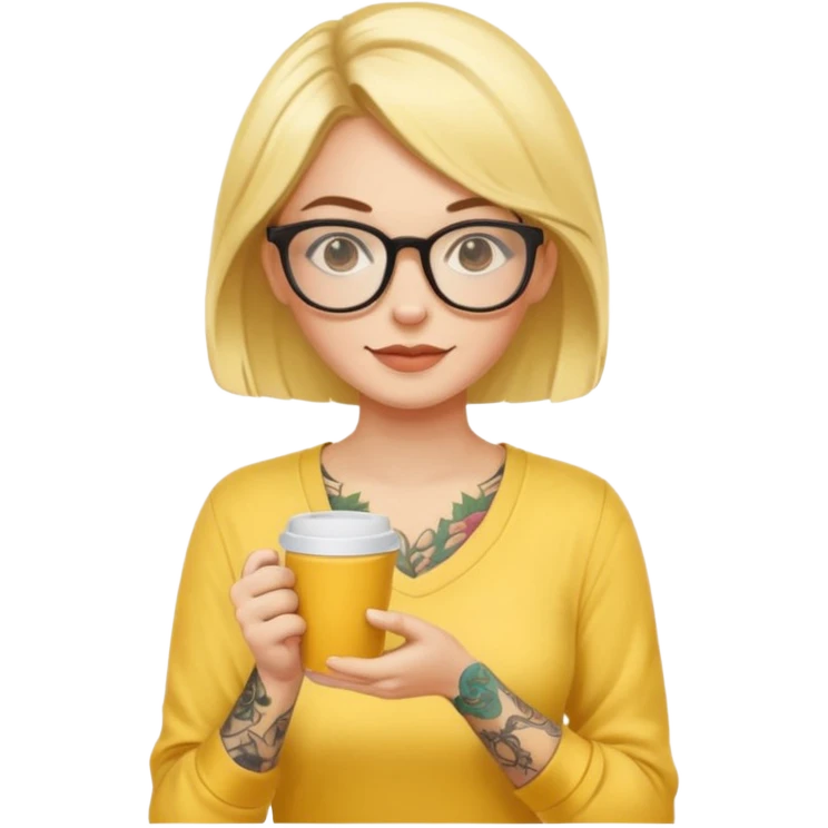 gözlük takan, dövmeli ve elinde kahve tutan, yaz kıyafetli bir kadın. kıyafeti sarı olsun emoji