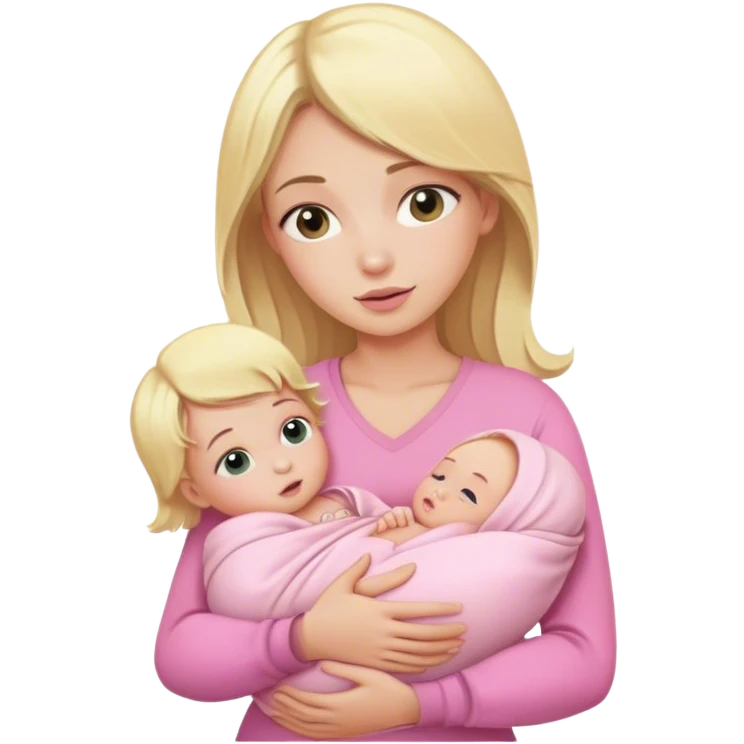 Blonde girl holding a new born baby while the baby is wrapped in pink. emoji