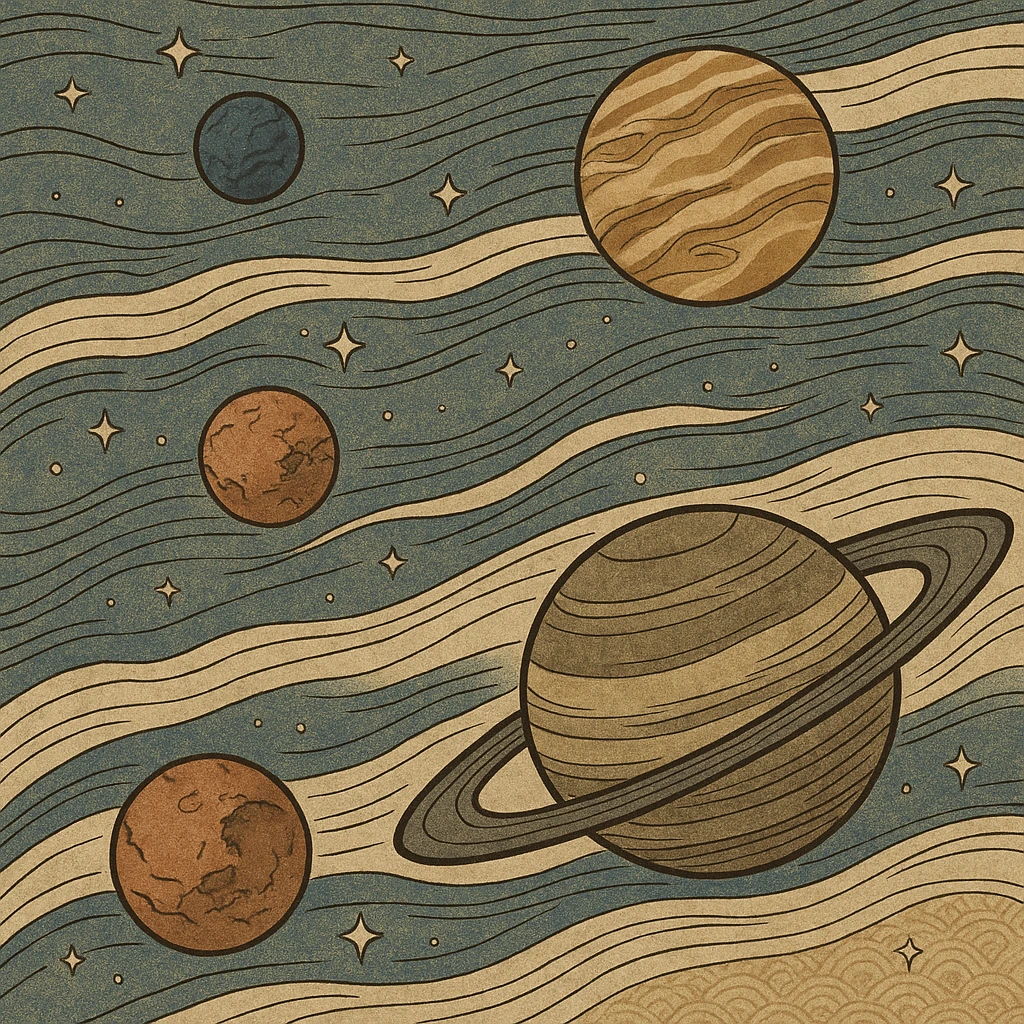ukiyo-e style cosmic landscape with planets and stars, inspired by Interstellar emoji