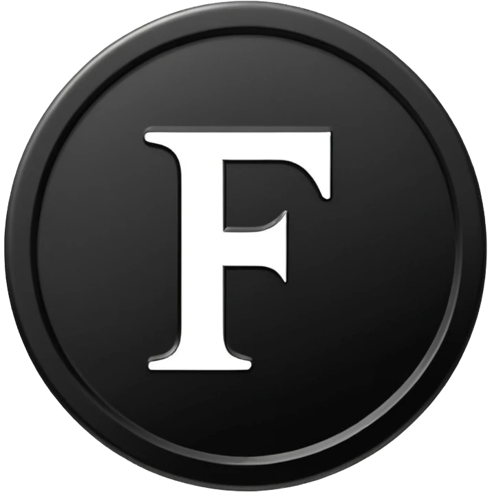 Emoji icon of a black coin with engraved letter F, minimalist style, isolated, no color emoji