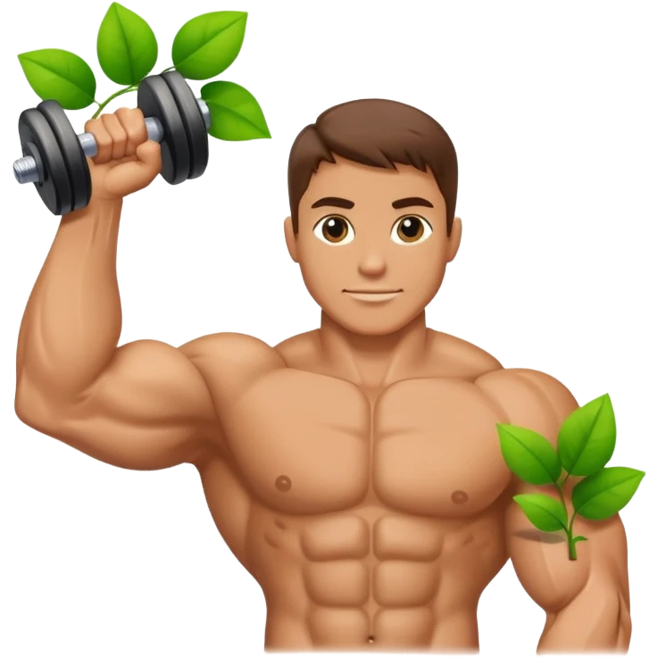 muscular arm holding a dumbbell, five green leaves on the left emoji