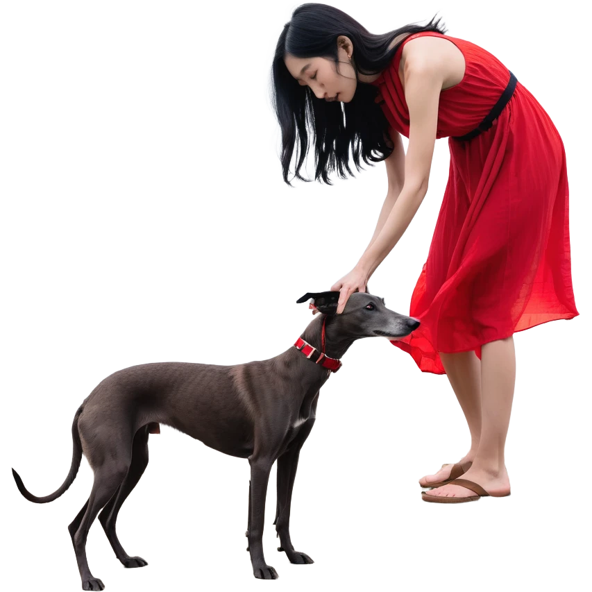 A beautiful 25-year-old Japanese woman with long flowing black hair wearing a stylish red beach dress, gently petting a PURE SOLID DARK GREY whippet with a bright RED COLLAR on a beach at night under a starry sky. The whippet MUST be 100% SOLID DARK GREY with ABSOLUTELY NO WHITE MARKINGS ANYWHERE - specifically NO WHITE on face, NO WHITE on chest, NO WHITE on paws - ENTIRELY ONE CONSISTENT SOLID DARK GREY COLOR throughout. Deep blue night sky filled with bright stars, moonlight reflecting on the ocean, sandy beach in the foreground. emoji