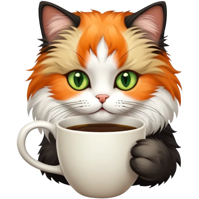 tricolor fluffy cat with big green eyes drinking a cup of coffee emoji