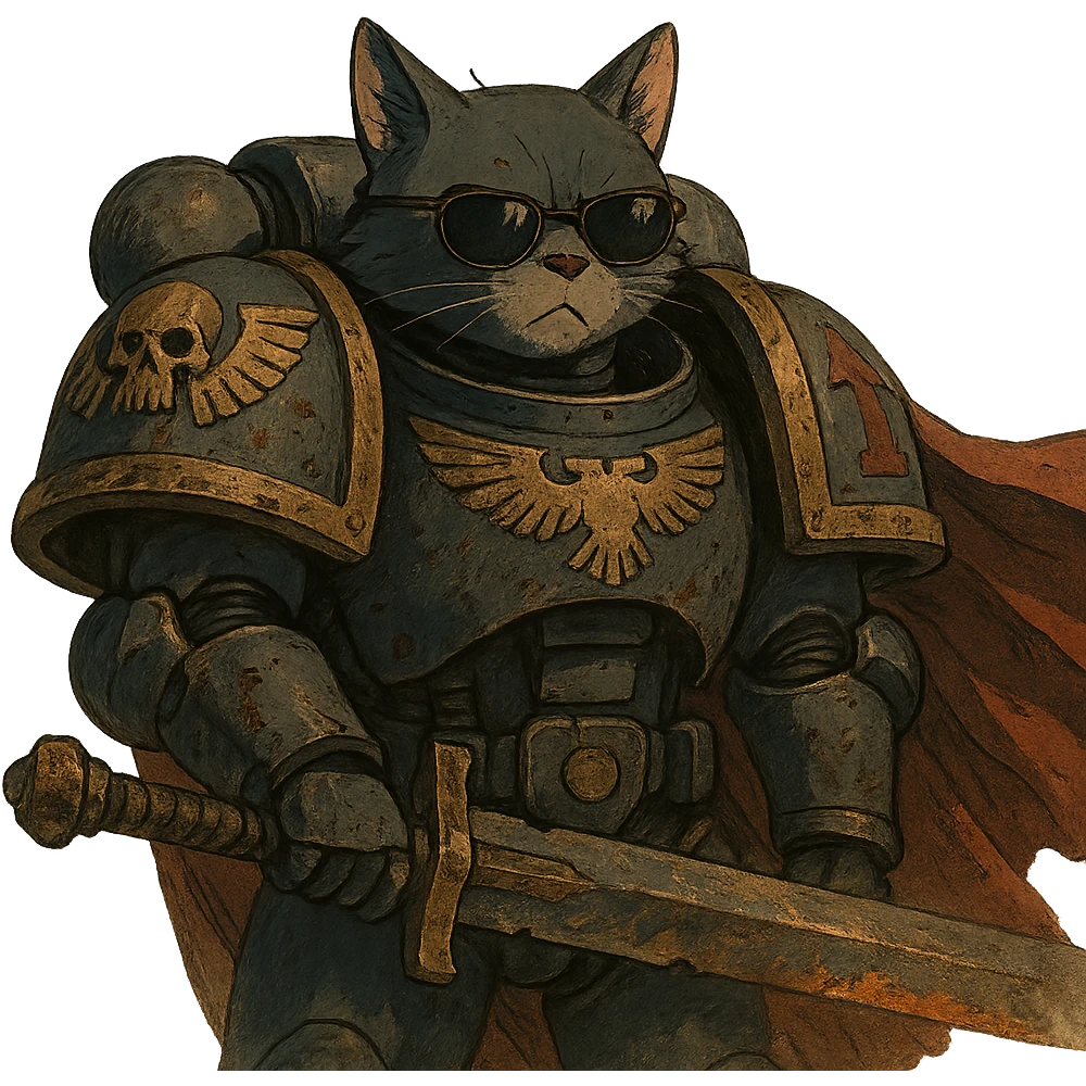 cat in sunglasses, Warhammer 40,000 inspired, dramatic ghibli style illustration emoji