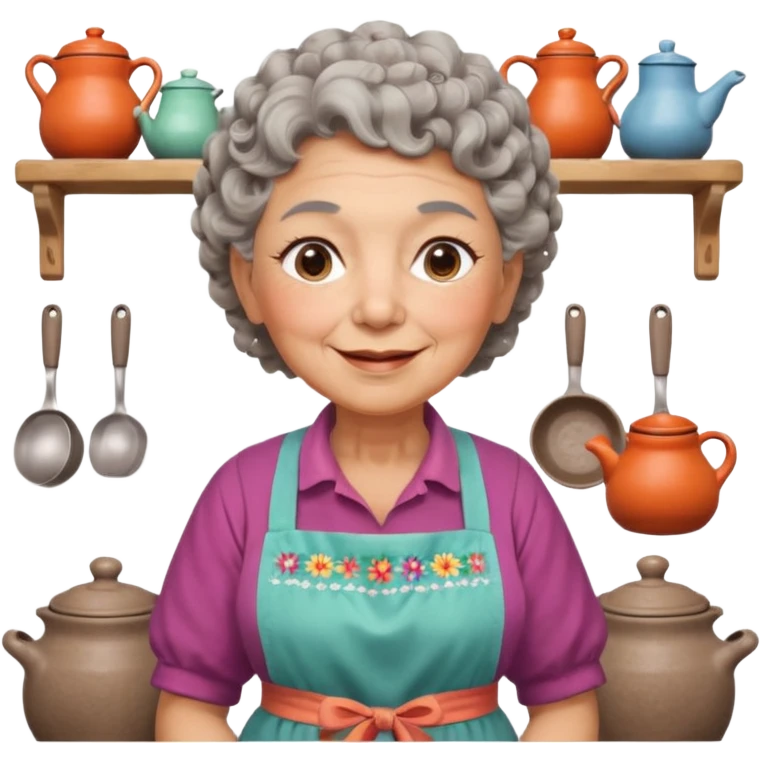 cheerful rural old woman in Apple iOS emoji style, chubby cheeks, short gray curly hair, flowery blouse, colorful apron, pastel tones, expressive eyes, Chilean rural kitchen with clay pots, warm inviting lighting, clean vector look emoji