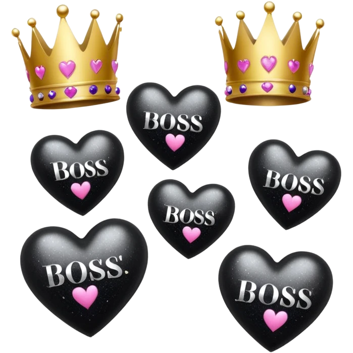 Black Hearts and crowns with glitter and the words boss bitch emoji