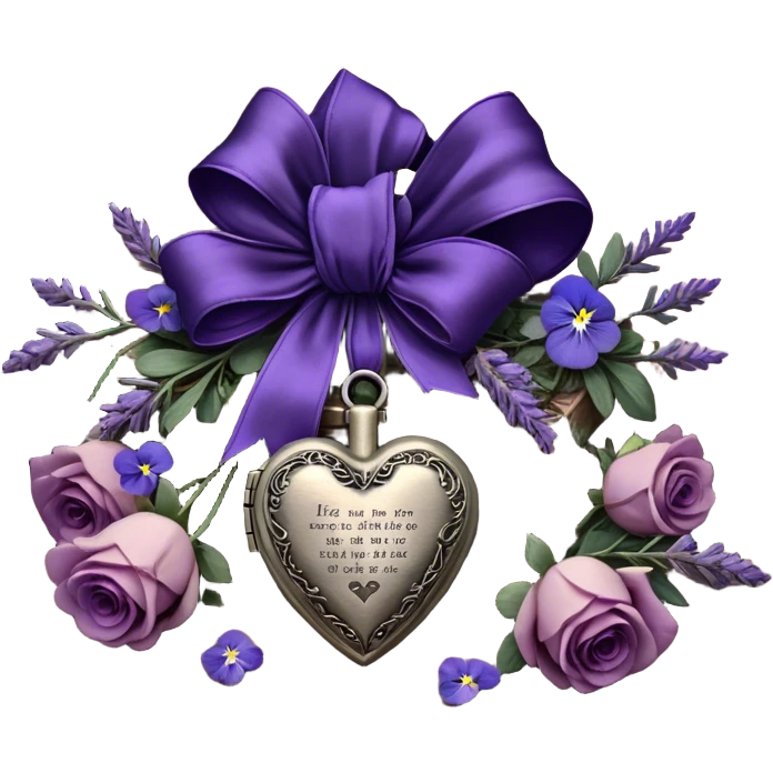 A midnight purple silk bow wraps around a bundle of wilted lavender sprigs, velvety pansies, and blush-violet roses, resting on an aged wooden table. Nearby, an antique silver locket shaped like a heart, engraved with tiny celestial stars, glistens faintly under the dim candlelight. emoji
