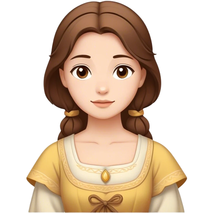 Cinematic Serene Belle Portrait Emoji, rendered in a simplified vector style. Depict a gentle Belle (chest and above) with fair, glowing skin, softly cascading brown hair, and a calm, inviting expression, dressed in her traditional village dress. The image exudes a soft, luminous glow and is outlined with a subtle, warm light. emoji