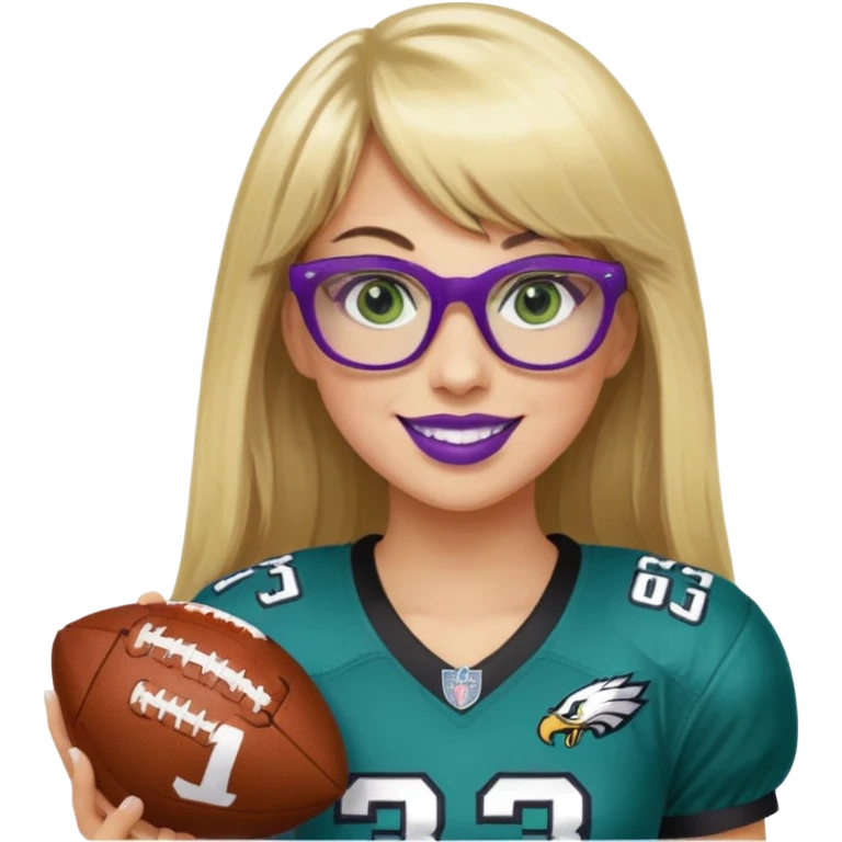long blonde hair with bangs black rectangle glasses female green eyes football player wearing eagles uniform jersey number 33 holding football smiling purple lipstick emoji