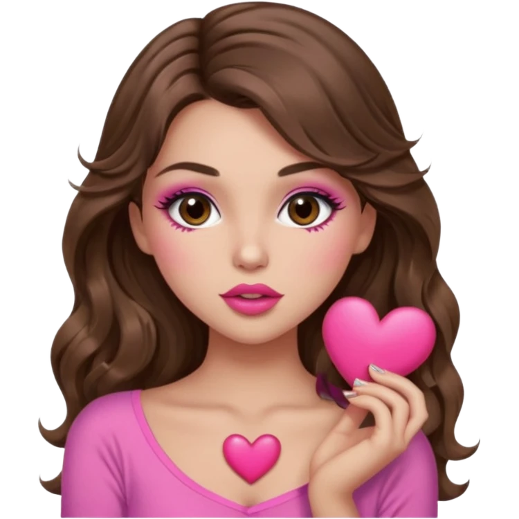 girl with long wavy brown hair, brown eyes, long lashes makeup, sexy pink lips, light to medium complexion, wearing a pink sexy top, sexy , puckering, blushing, kissing a heart sexy emoji