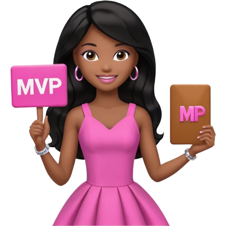 Black barbie, long black  hair, pink dress holding mvp sign  emoji