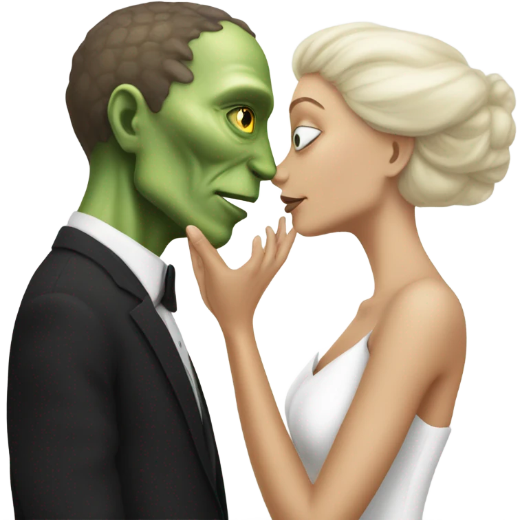 White man in black dress hugs and kissing Alien reptilian woman in white dress  emoji